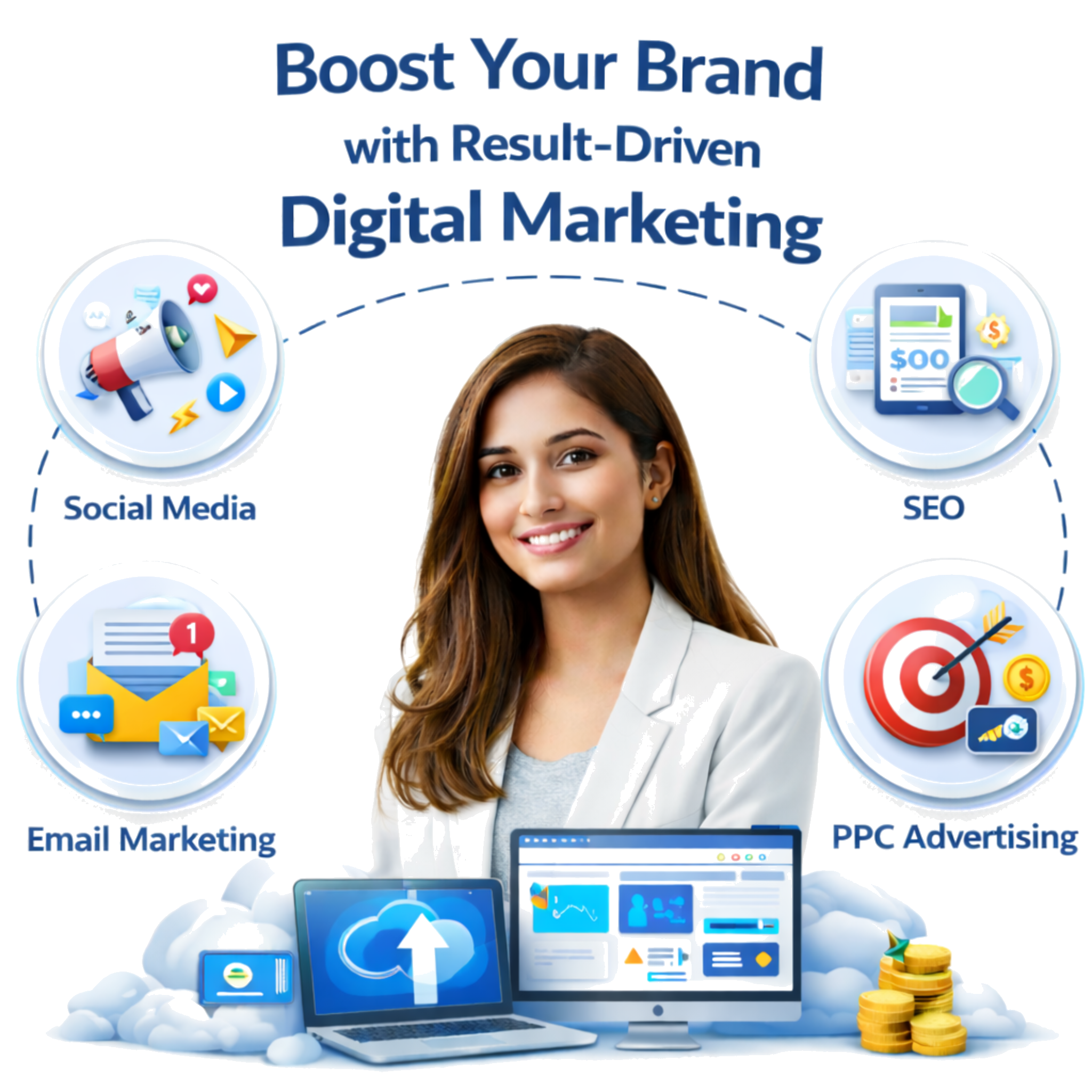 Strategic SEO Solutions illustration with a person and icons for AI Chatbot, Hook Strategy, and Smart Lead Form