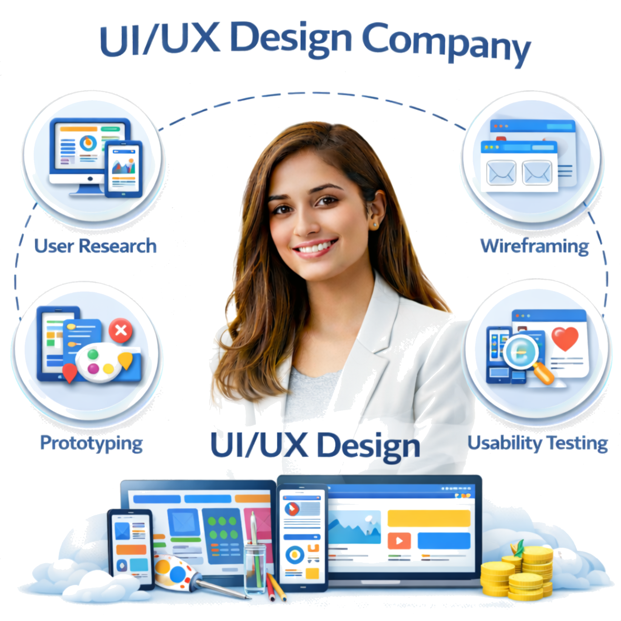 Strategic SEO Solutions illustration with a person and icons for AI Chatbot, Hook Strategy, and Smart Lead Form